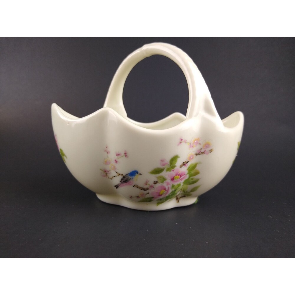 Vintage Small Ceramic Basket Bird Flowers Toothpick Trinket Holder Takahashi
